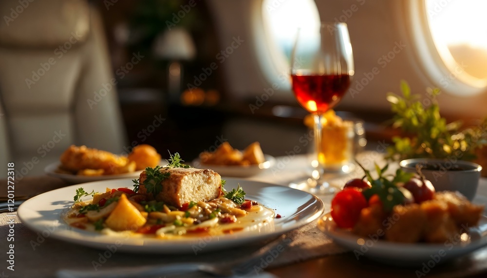 A sumptuous meal elegantly displayed on a table inside a luxury aircraft, symbolizing the elite travel and dining experience A sumptuous meal elegantly displayed on a table inside a luxury aircraft, symbolizing the elite travel and dining experience