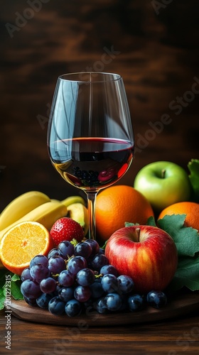 Vibrant assortment of fruits and red wine in a rustic setting with grapes, ap...