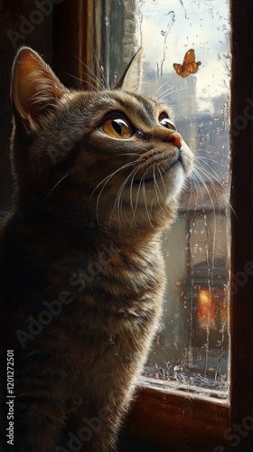 Cat gazing out the window on a rainy day in a cozy home