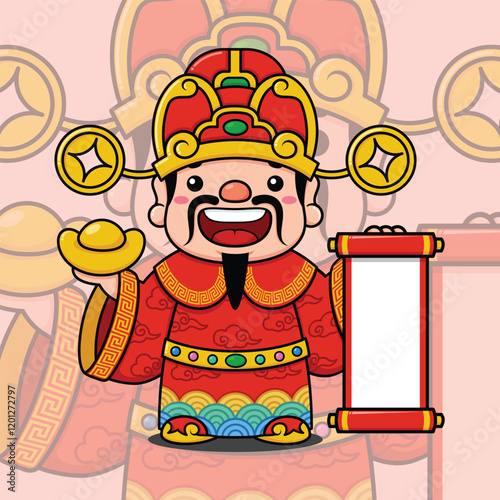 Cute Chinese New Year Fortune God Holding Gold Money Ingot And Scroll