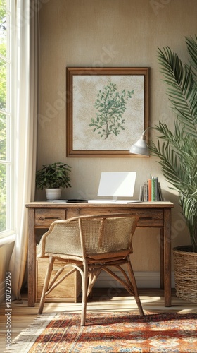Cozy home office with natural light and plants creating a serene workspace