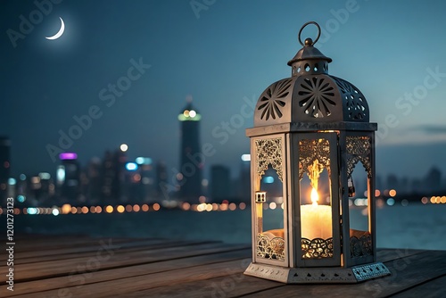 Ornate lantern illuminates a Ramadan evening cityscape photo