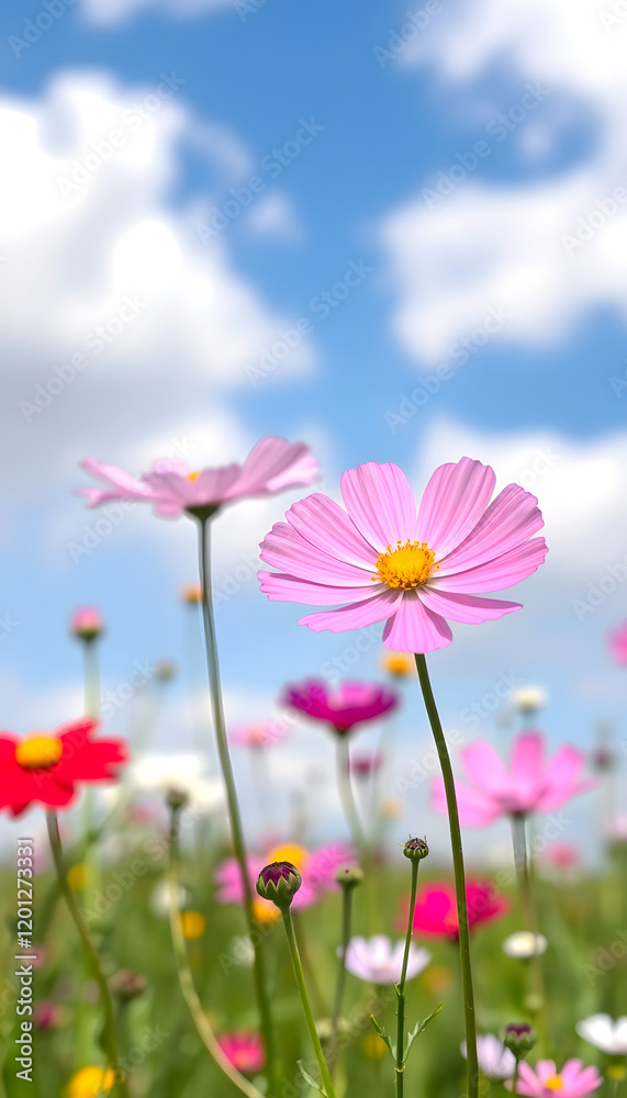 Beautiful cosmos meadow flowers field with sky background, Colorful wild flower or summer nature spring flower art, blurry foreground, with white tones Beautiful cosmos meadow flowers field with sky background, Colorful wild flower or summer nature spring flower art, blurry foreground, with white tones