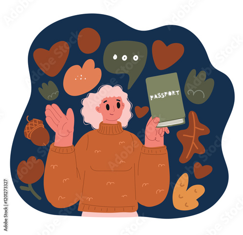 Cartoon vector illustration of a woman with her passport, symbolizing adventure, identity, and worldwide travel over dark background
