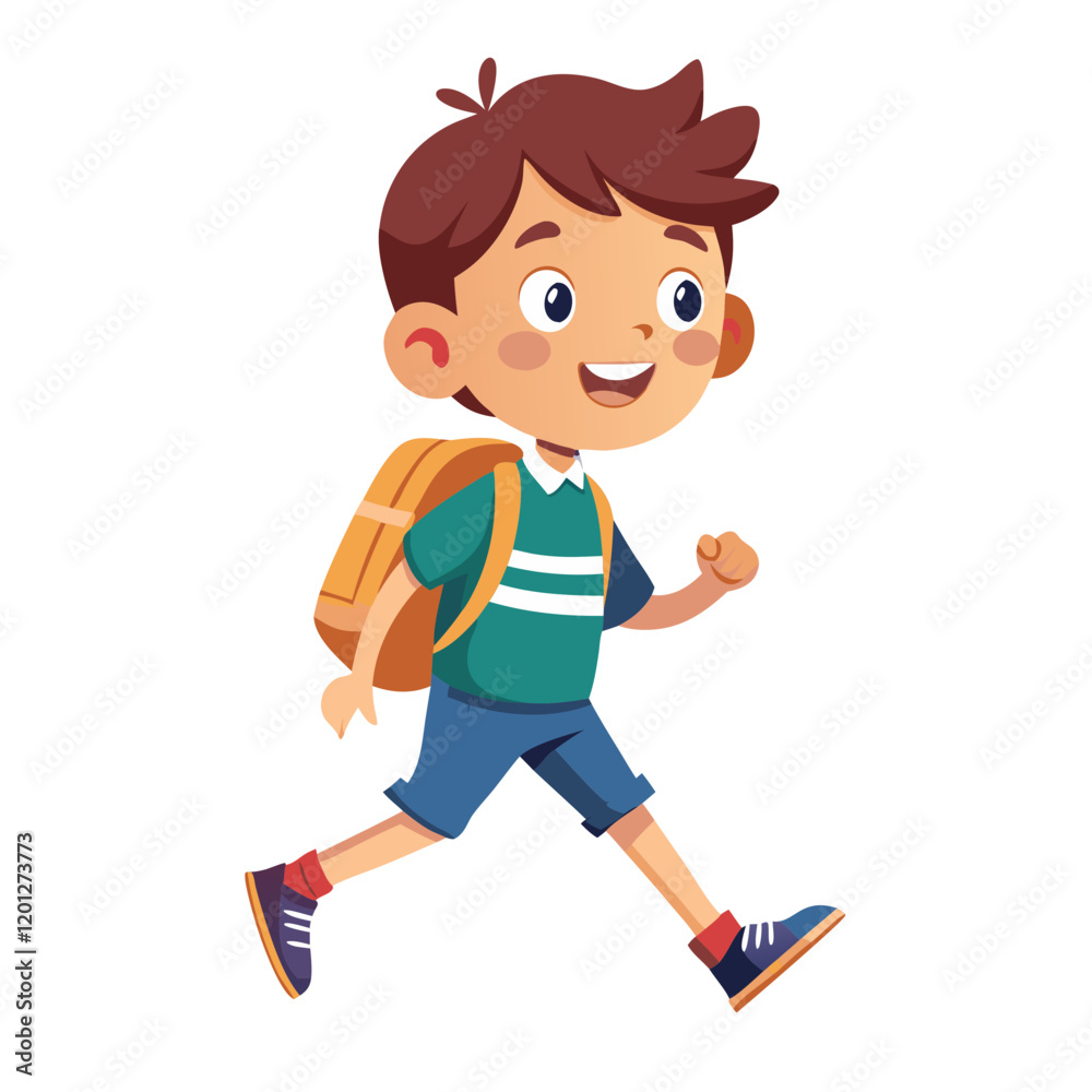 Young boy with backpack walking, going to school, illustration isolated white Young boy with backpack walking, going to school, illustration isolated white