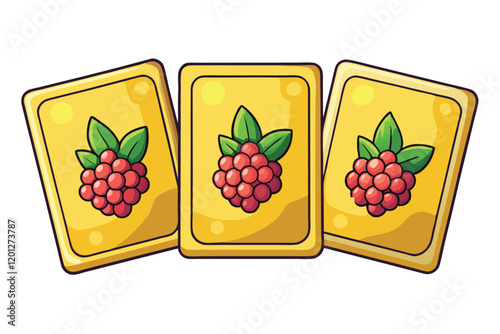 A collection of cartoon yellow cards featuring illustrations of raspberries, perfect for designs related to food, fruits, or nature