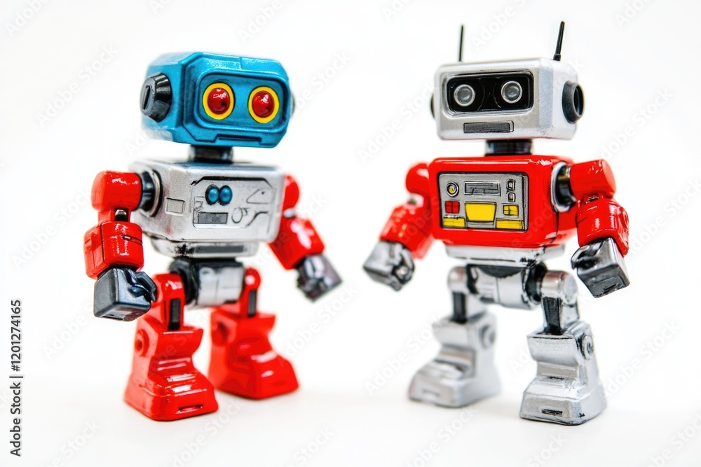 A pair of toy robots posing together, ideal for use in illustrations, ads, or product designs A pair of toy robots posing together, ideal for use in illustrations, ads, or product designs