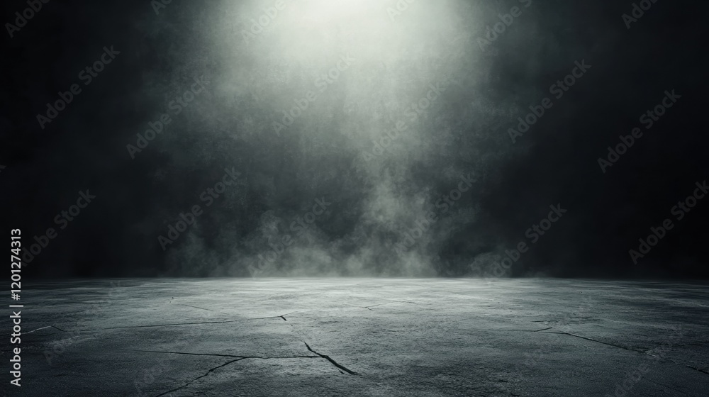 Mysterious dark foggy empty room with cracked floor and dramatic lighting Mysterious dark foggy empty room with cracked floor and dramatic lighting