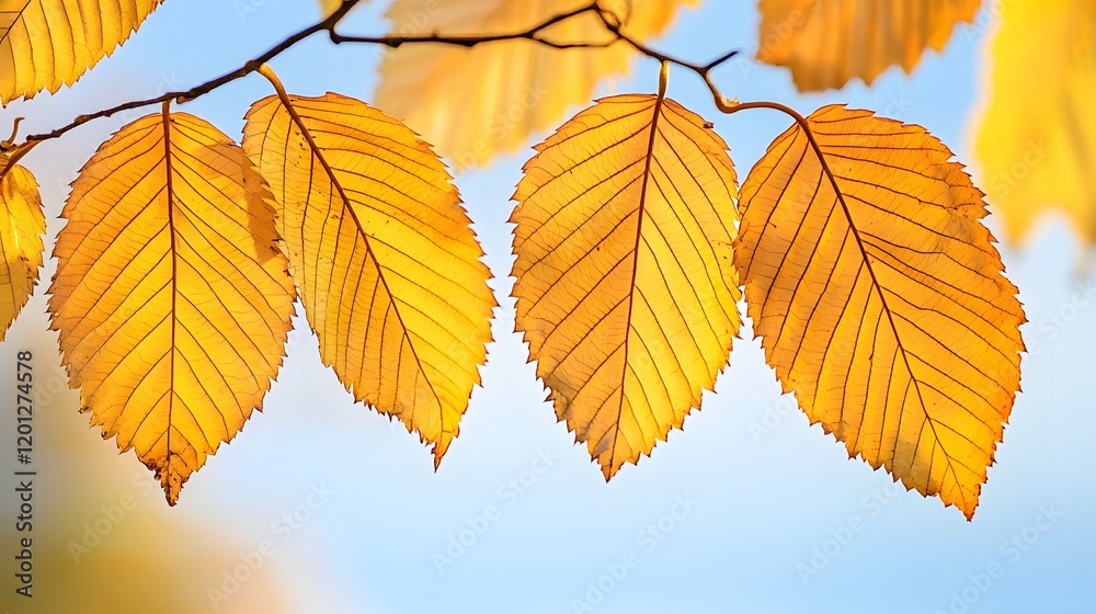 Fototapeta premium Golden Autumn Leaves on Branch Against Blue Sky
