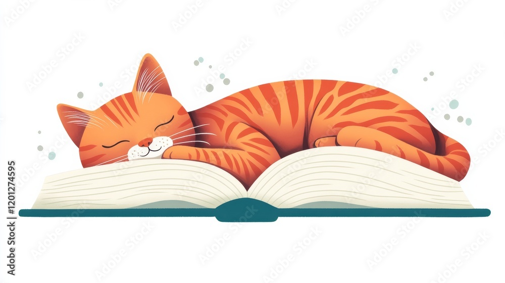 Naklejka premium Cute orange cat sleeping on an open book symbolizing relaxation and love for reading