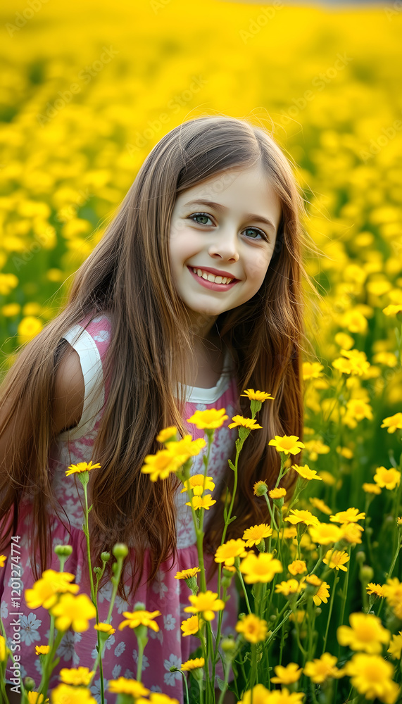 Pretty long haired girl playing in vibrant canola field in full bloom, glowing neon, with white tones Pretty long haired girl playing in vibrant canola field in full bloom, glowing neon, with white tones
