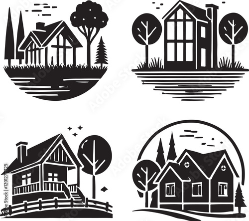  silhouettes style house vector art