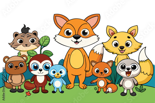 Cute animal characters from the forest including a happy fox, raccoon, bear, and more, surrounded by trees, ideal for childrens illustrations or educational material