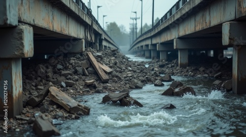 A dramatic close-up of a collapsed bridge, debris and structural damage photo