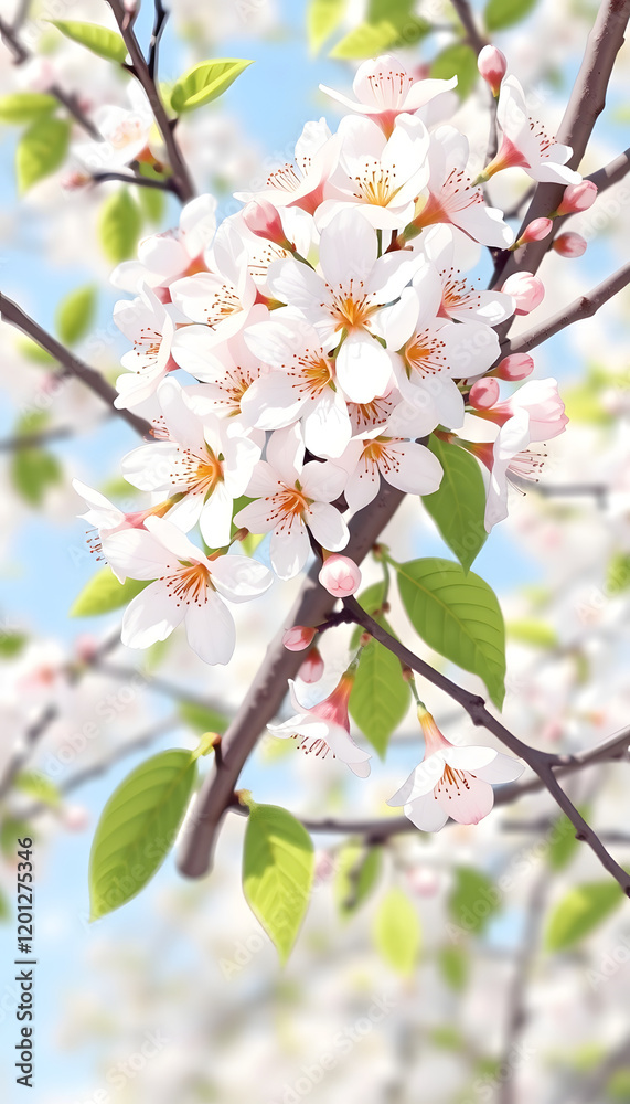 White flowers on a blossom cherry tree with soft background of green spring leaves and blue sky, doodle art White flowers on a blossom cherry tree with soft background of green spring leaves and blue sky, doodle art