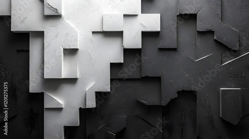Black white dark gray abstract background. Geometric pattern shape. Line triangle polygon angle. Gradient. Shadow. Matte. 3d effect. Rough grain grungy. Design. Template. Presentation.