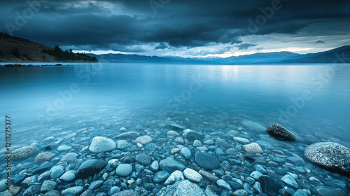 Wallpaper Mural Serene lake under stormy skies, clear shallows revealing smooth stones Torontodigital.ca