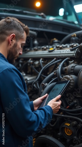 Mechanic With A Tablet Computer Diagnoses The Diesel Engine Of An Industrial Truck In A Garage.
