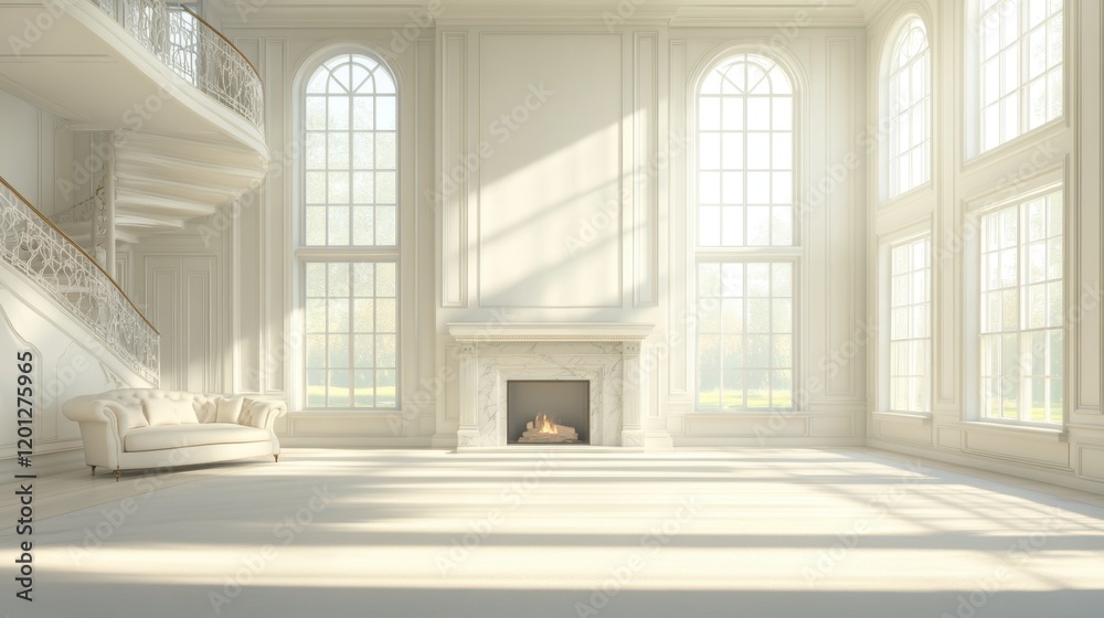 Fototapeta premium Elegant sunlit interior with grand windows and cozy fireplace