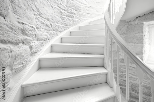 Elegant white staircase with intricate railings in a dimly lit space