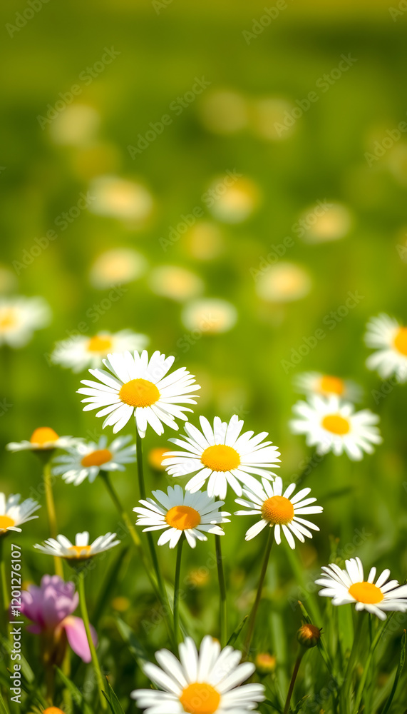 Fototapeta premium idyllic isolated daisy meadow in springtime on green blurred background, sunshine on blossoms of daisies, cheerful floral easter concept, vibrant, with white tones
