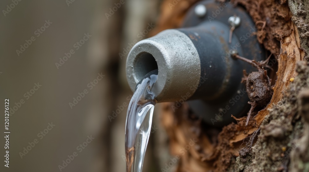 Close-up of a metal tapping spout in a maple tree trunk, sap dripping, early spring scene with bark texture in focus. Close-up of a metal tapping spout in a maple tree trunk, sap dripping, early spring scene with bark texture in focus.