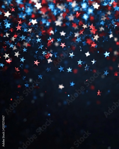 Closeup of glitter stars confetti in USA flag colors. Template for national holidays background.
