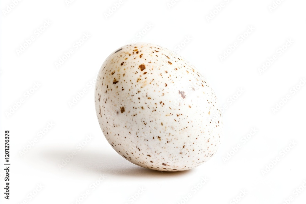 A single speckled egg sits atop a clean white surface, ideal for food or still life photography A single speckled egg sits atop a clean white surface, ideal for food or still life photography