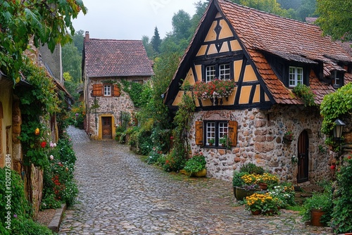 Fototapeta Naklejka Na Ścianę i Meble -  A quaint cobblestone street in a small village, perfect for travel or nostalgia images