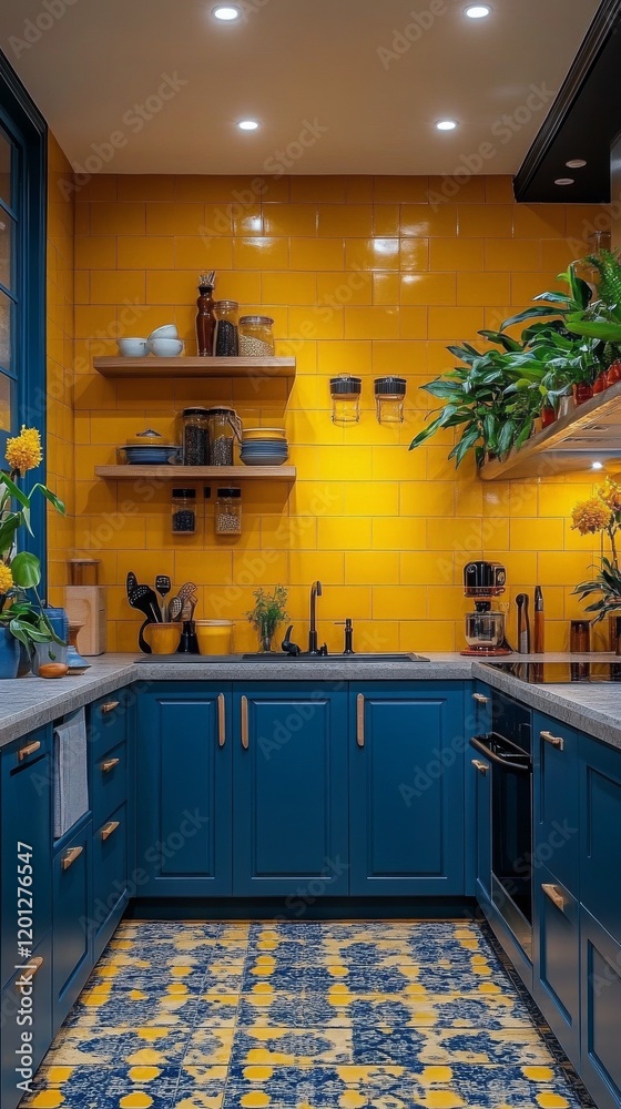 Bright and modern kitchen with vibrant yellow walls and blue cabinetry Bright and modern kitchen with vibrant yellow walls and blue cabinetry