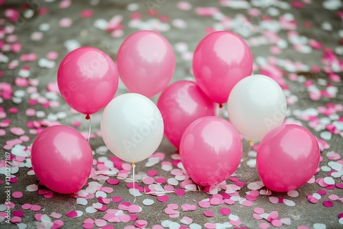 Balloons in pink and white scattered on a pavement with confetti at a celebra...
