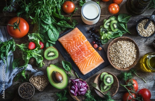 Flatlay of healthy food ingredients salmon, fruits, vegetables, grains. photo