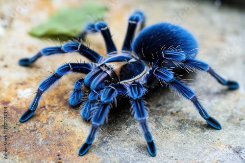 A blue tarantula sits peacefully on a rocky outcropping photo