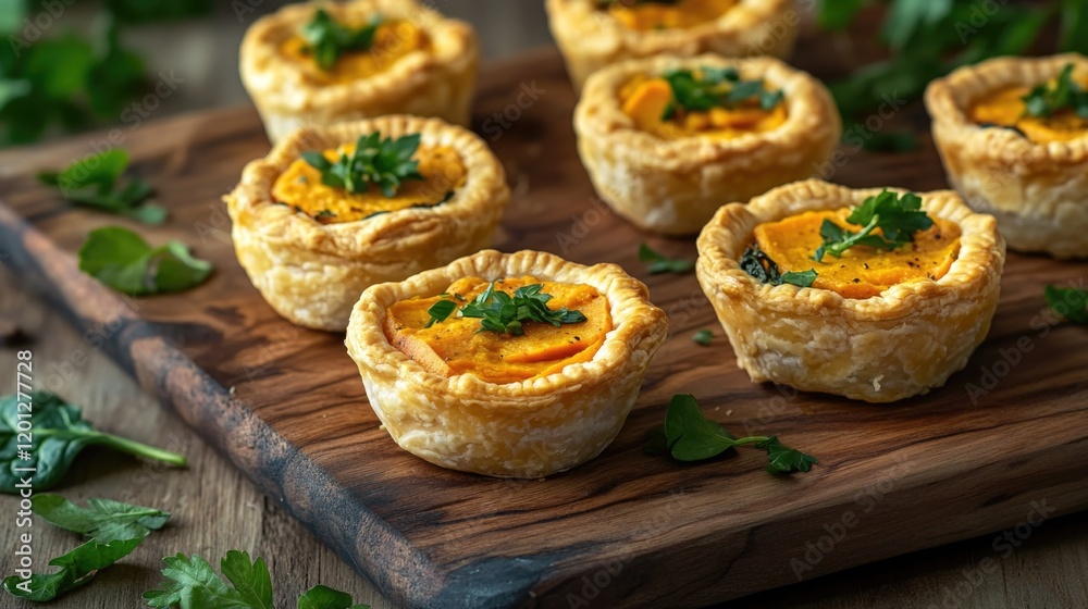 Wooden cutting board with various mini pies arranged on top