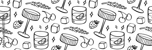 Bartender outline seamless pattern. Featuring cocktail glasses, cherries, strawberries, ice cubes, rosemary, and sparkling stars. Perfect for mixology and bar themes. Trendy vector doodle illustration