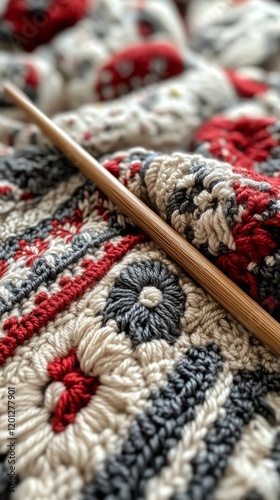 Colorful crochet work with intricate patterns and wooden hook crafted in a co...