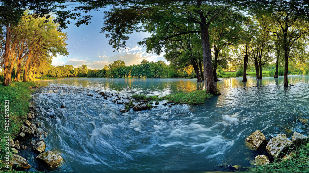 Obraz premium Serene river flows through lush trees, tranquil sunset scene