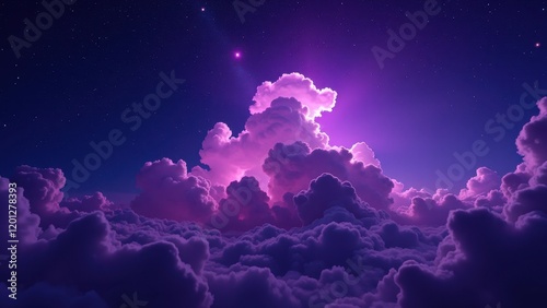 Eye-level glimpse of towering cumulus and sprawling cumulonimbus clouds against a vivid azure sky, speckled with twinkling white stars