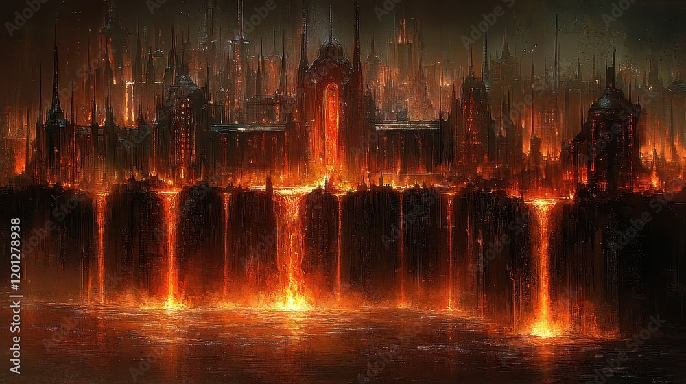 Fototapeta premium A serene volcanic island illuminated by molten rivers of liquid crystal. Radiant phoenixes hover above the glowing landscape, their fiery wings casting a warm glow onto the obsidian cliffs below. 