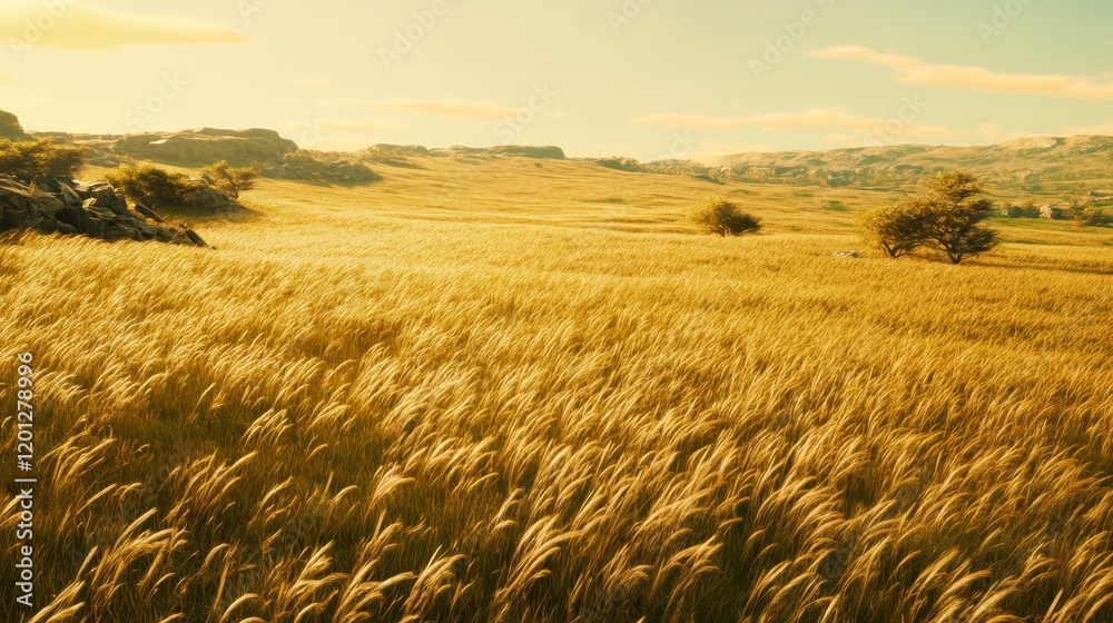 Obraz premium Golden Grassy Field Under Golden Sunlight: A Breathtaking Landscape Painting