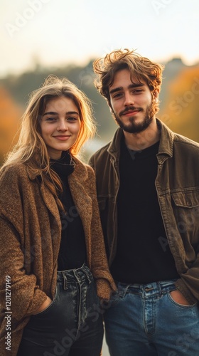 Couple poses together in a cozy garden setting during autumn, showcasing warm...