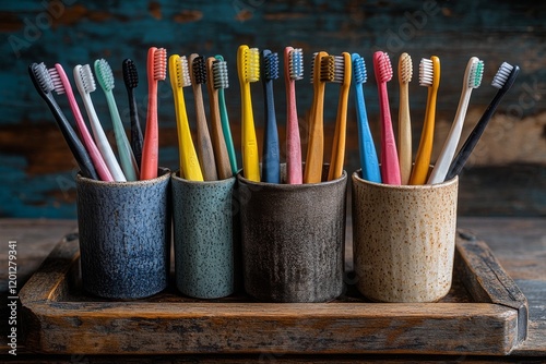 Colorful bamboo toothbrushes arranged neatly on wooden tray with natural back...