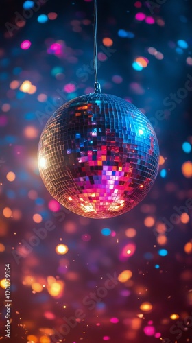 Vibrant disco ball radiates colorful light in a lively dance atmosphere
