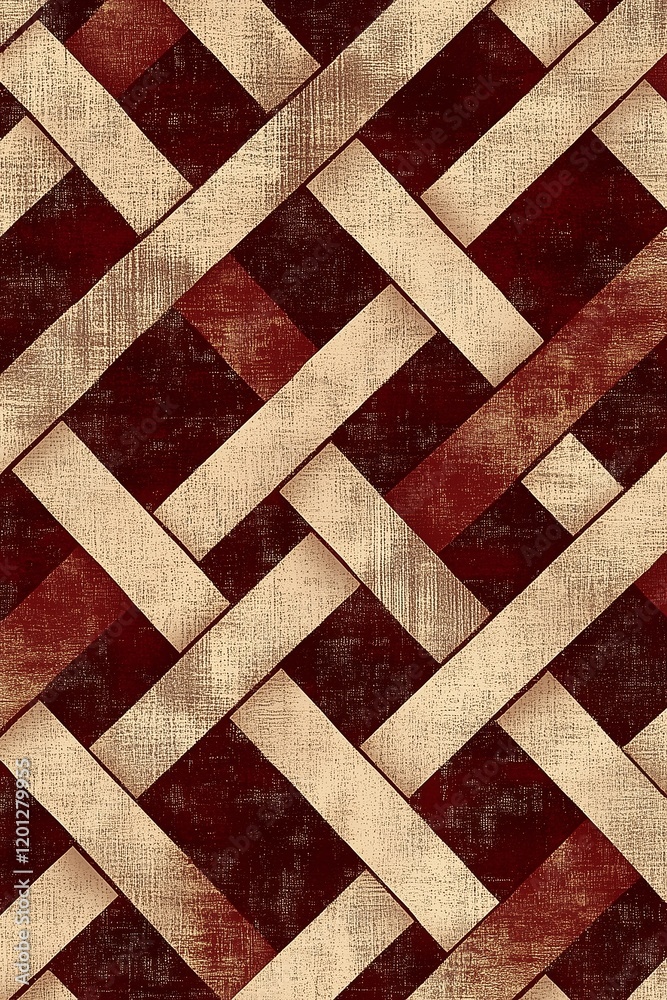 Fototapeta premium Abstract vintage woven diagonal pattern in red and beige tones, resembling a rustic textile