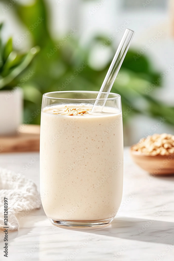 A glass of milk with a straw in it