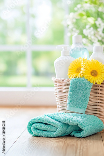 A basket of towels and toiletries is placed on a wooden floor