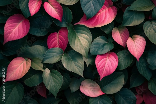 Colorful array of leaves in shades of pink and green during a sunny day in na...