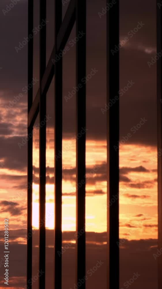 Reflection of beautiful sunset and cityscape in the glass wall of a commercial building. Reflection of beautiful sunset and cityscape in the glass wall of a commercial building.
