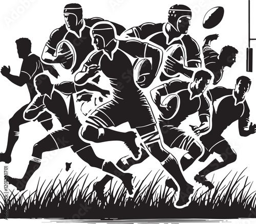 Black Color Rugby Silhouette Vector Illustration, Solid White Background