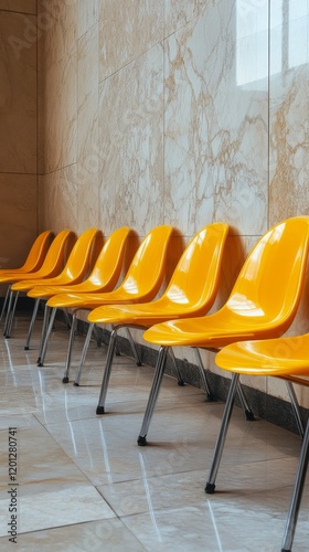 Bright yellow chairs arranged neatly in a modern space, enhancing the atmosph...